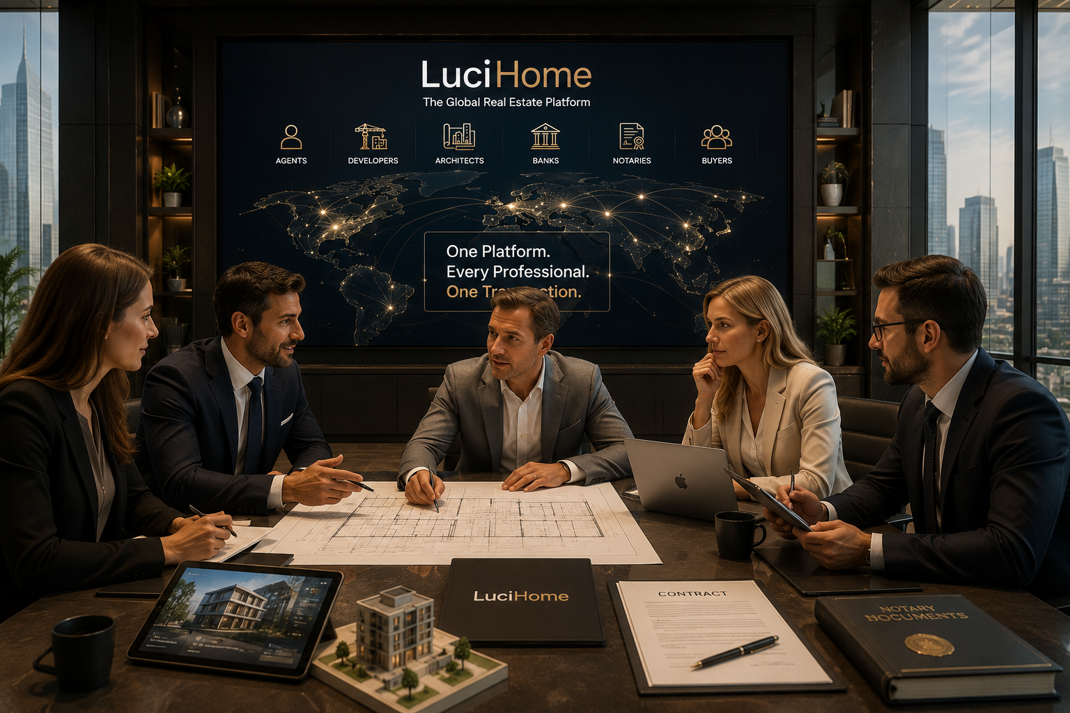 LuciHome ecosystem — agencies, developers, architects, banks, notaries and AI, connected around one global platform