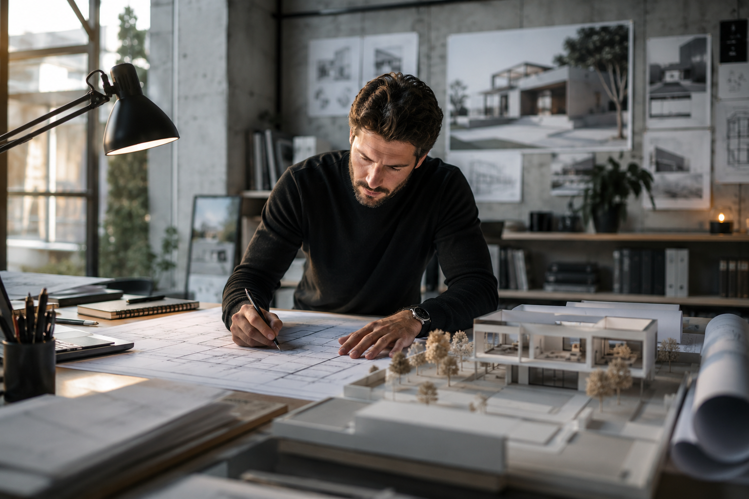 Architect reviewing blueprints and a project model in a studio