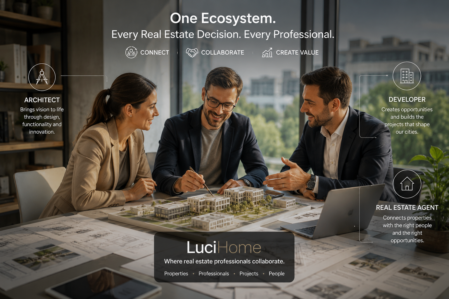 Architect, developer, and real estate agent collaborating around a project model