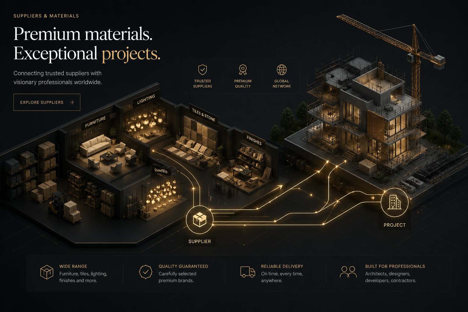 Supplier warehouse of furniture, lighting, tiles, and finishes connected to an active construction project