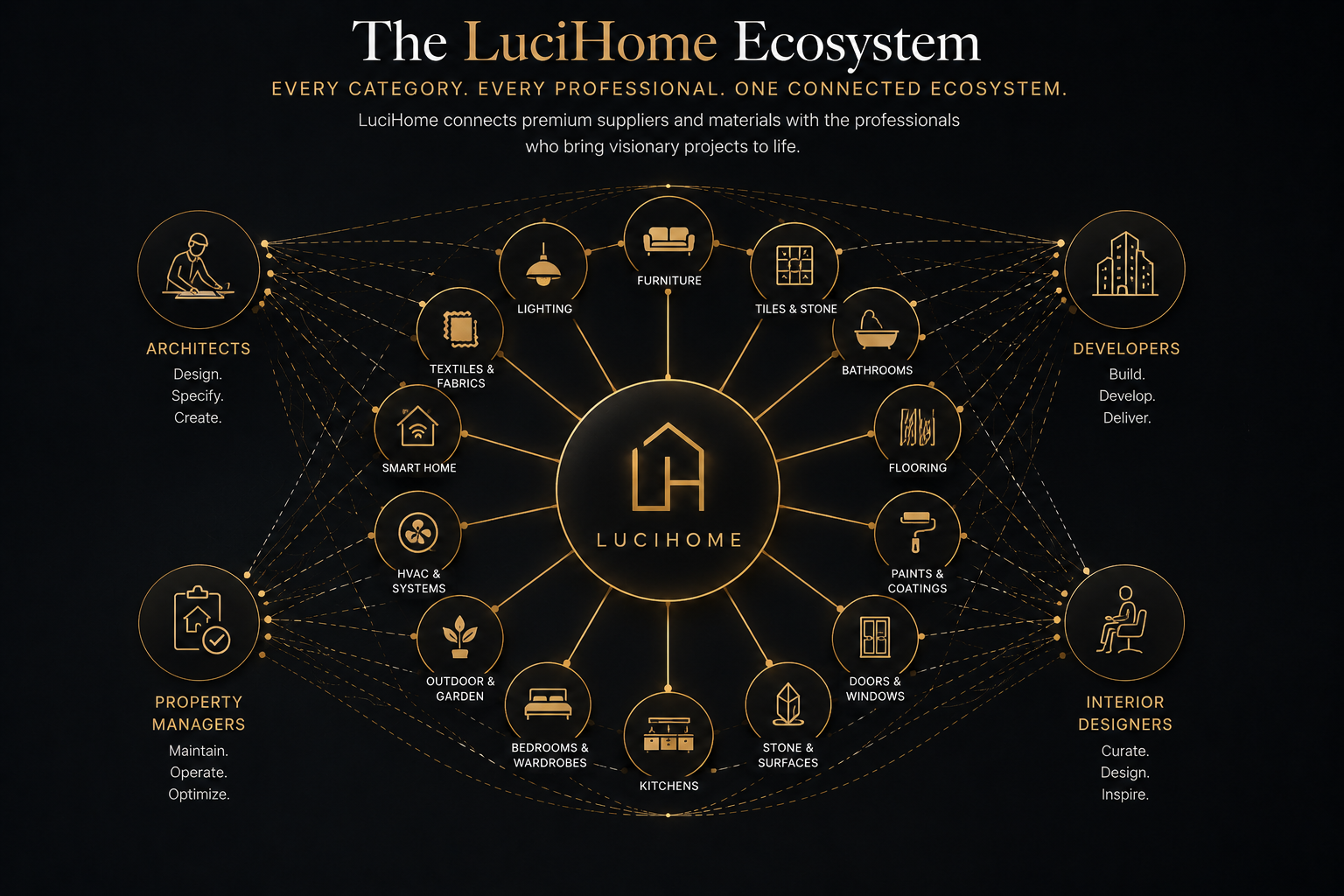 Diagram of the LuciHome ecosystem connecting architects, developers, property managers, and interior designers to supplier categories
