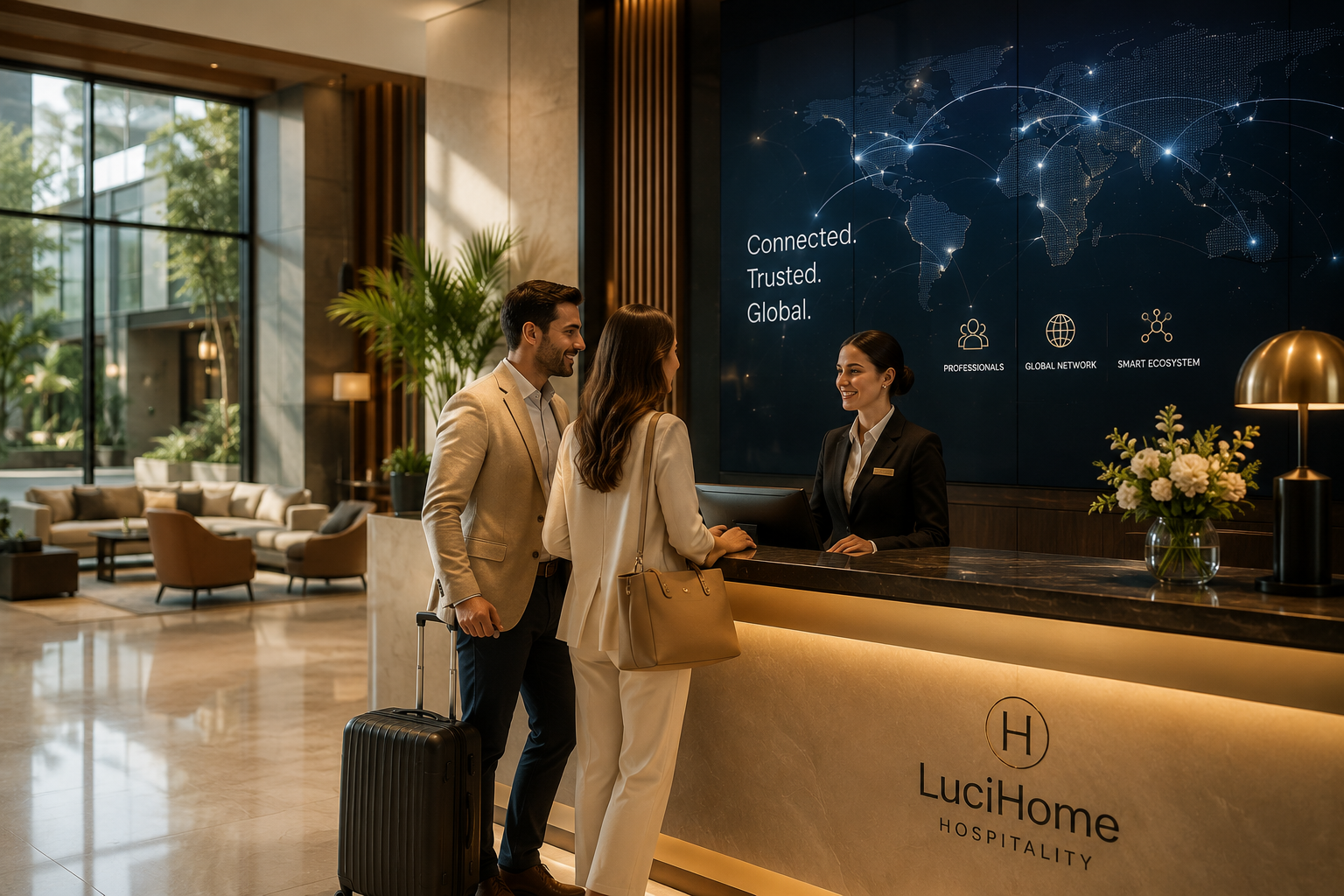 Boutique hotel reception with guests checking in and a global network display